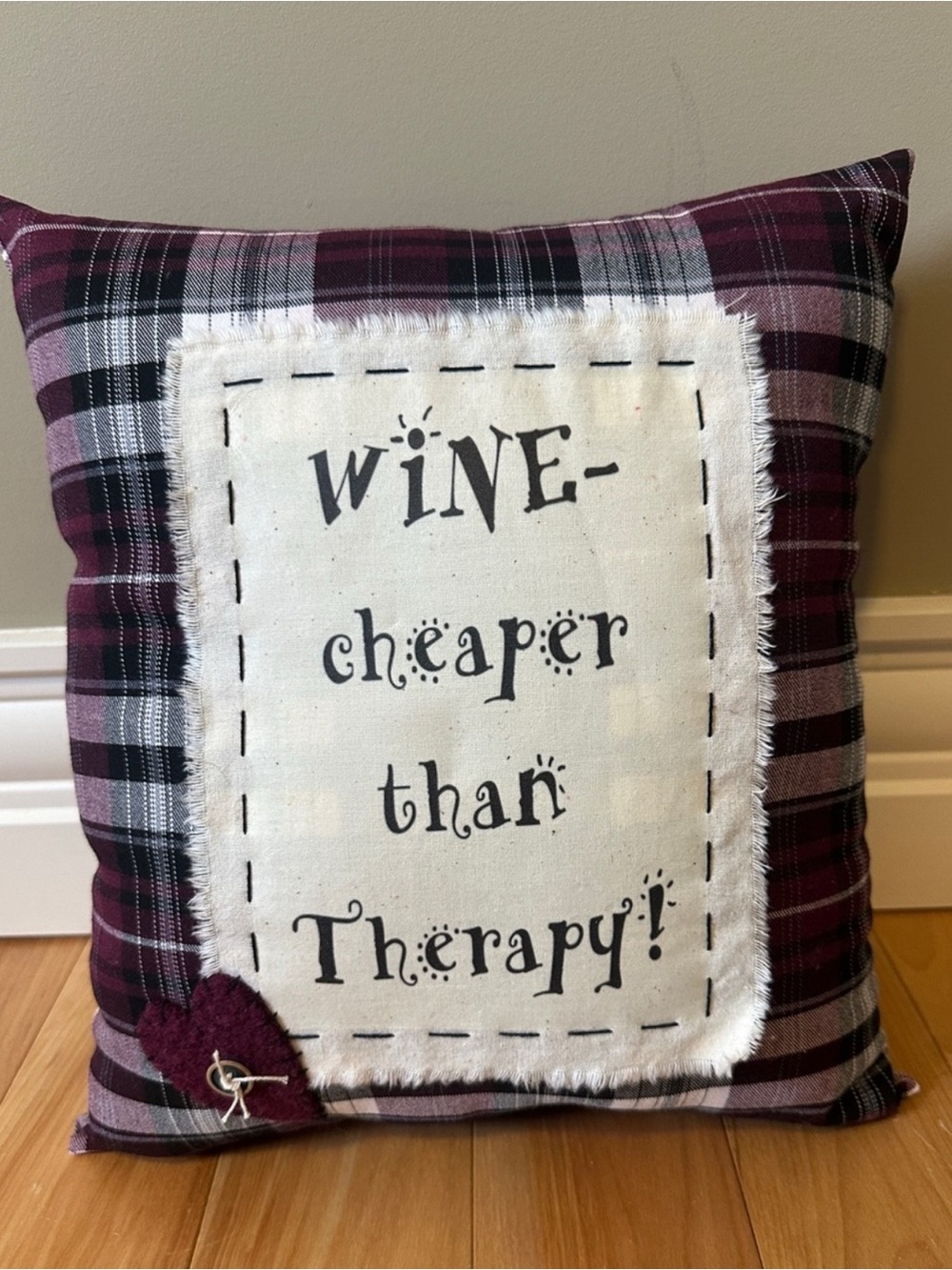 Wine Cheaper Than Therapy Plaid Accent Pillow - Burgundy